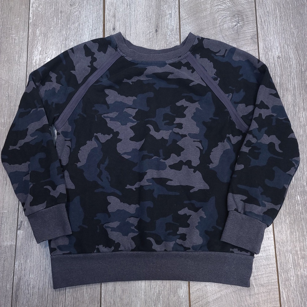 prAna Camo Sweatshirt Women Size M Blue Black Raglan Pullover Fleece Top